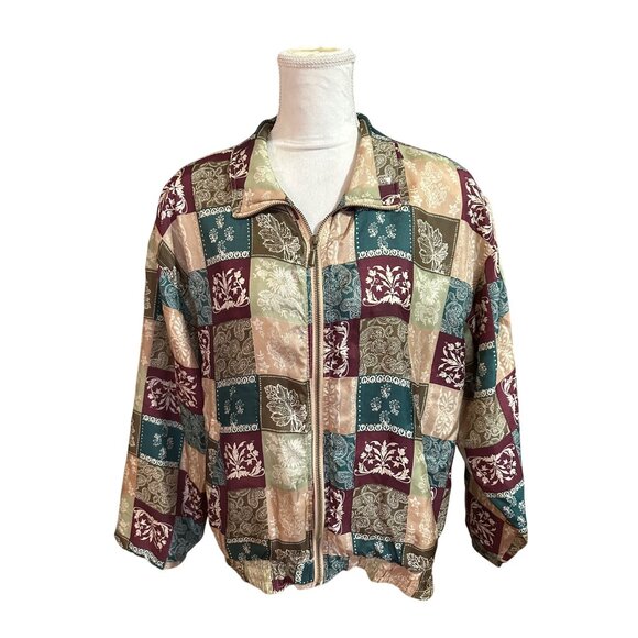 Vintage East West All Over Patchwork  Silk Bomber Jacket Full Zip Lightweight - Picture 8 of 11